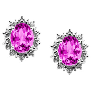 Diamond Oval Pink Sapphire Gemstone Sterling Silver Starburst Earrings