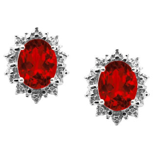 Diamond Oval Ruby Gemstone White Gold Starburst Earrings