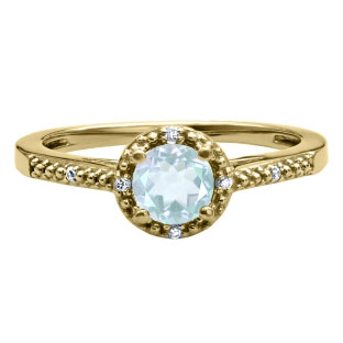 Round Cut Aquamarine Birthstone Diamond Yellow Gold Ring