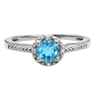 Round Cut Blue Topaz Birthstone Diamond Sterling Silver Ring
