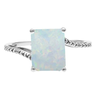 Emerald-Cut Opal Birthstone Diamond Sterling Silver Ring