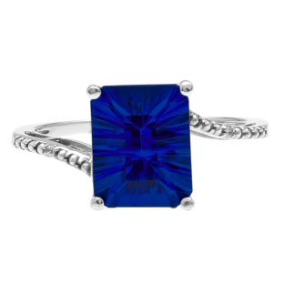 Emerald-Cut Blue Sapphire Birthstone Diamond Sterling Silver Ring