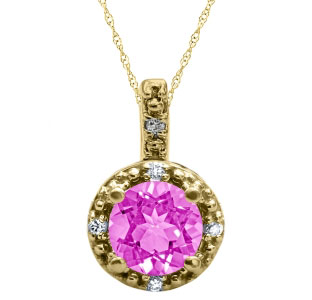 Round Cut Pink Sapphire Birthstone Diamond Yellow Gold Pendant