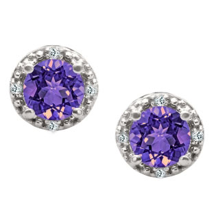 Round Cut Amethyst Birthstone Diamond White Gold Stud Earrings