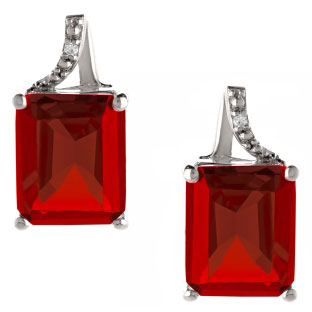 Emerald-Cut Ruby Birthstone Diamond Sterling Silver Stud Earrings