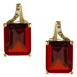 Emerald-Cut Garnet Birthstone Diamond Yellow Gold Stud Earrings