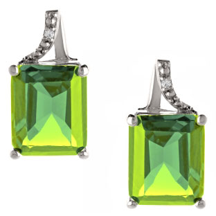 Emerald-Cut Peridot Birthstone Diamond Sterling Silver Stud Earrings