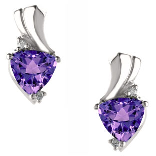 Trillion Cut Amethyst Birthstone Diamond Sterling Silver Earrings