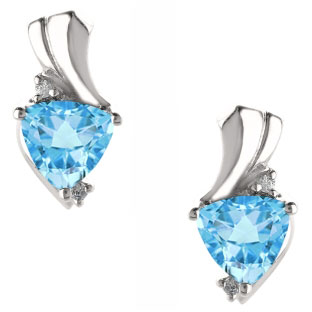 Trillion Cut Blue Topaz Birthstone Diamond White Gold Earrings