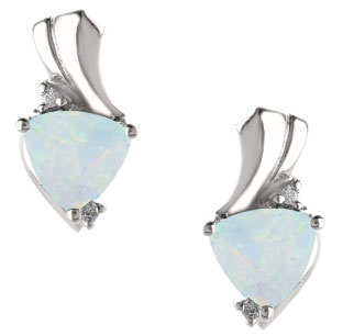 Trillion Cut Opal Birthstone Diamond White Gold Earrings