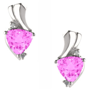 Trillion Cut Pink Sapphire Birthstone Diamond Sterling Silver Earrings