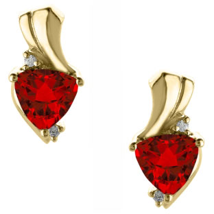 Trillion Cut Ruby Birthstone Diamond Yellow Gold Earrings