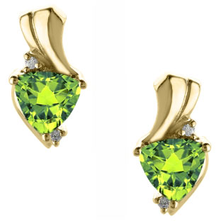 Trillion Cut Peridot Birthstone Diamond Yellow Gold Earrings