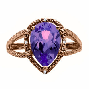 Diamond Pear Shaped Amethyst Gemstone Rose Gold Ring