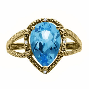 Diamond Pear Shaped Blue Topaz Gemstone Yellow Gold Ring