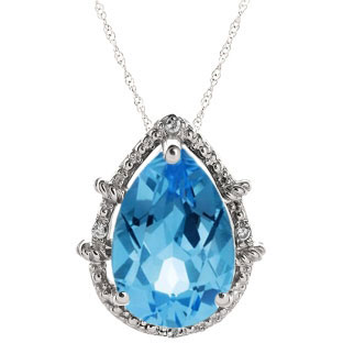 Diamond Pear Shaped Blue Topaz Gemstone White Gold Pendant