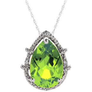 Diamond Pear Shaped Peridot Gemstone White Gold Pendant
