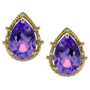 Diamond Pear Shaped Amethyst Gemstone Yellow Gold Stud Earrings