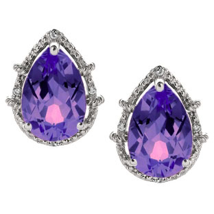 Diamond Pear Shaped Amethyst Gemstone Sterling Silver Stud Earrings