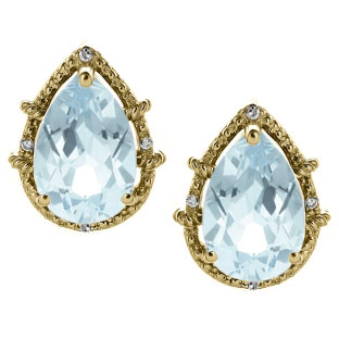 Diamond Pear Shaped Aquamarine Gemstone Yellow Gold Stud Earrings