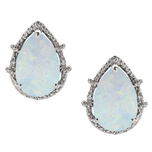 Diamond Pear Shaped Opal Gemstone Sterling Silver Stud Earrings