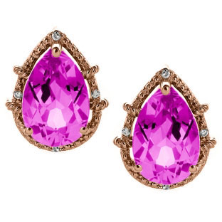 Diamond Pear Shaped Pink Sapphire Gemstone Rose Gold Stud Earrings