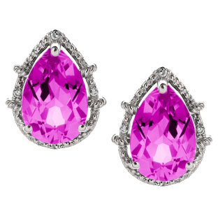 Diamond Pear Shaped Pink Sapphire Gemstone Sterling Silver Stud Earrings