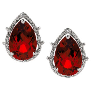 Diamond Pear Shaped Garnet Gemstone Sterling Silver Stud Earrings