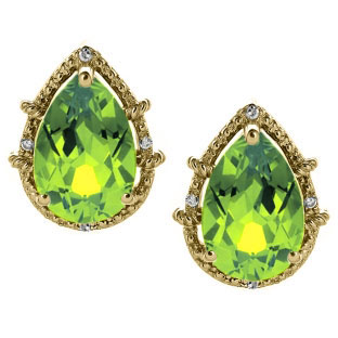 Diamond Pear Shaped Peridot Gemstone Yellow Gold Stud Earrings