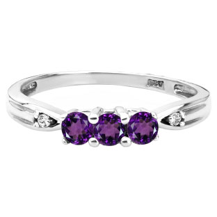 3 Stone Round Cut Amethyst Gemstone Diamond Sterling Silver Ring