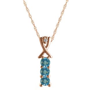 3 Stone Round Cut Blue Topaz Gemstone Diamond Rose Gold Pendant