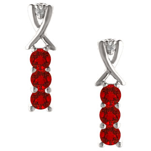 3 Stone Round Cut Ruby Gemstone Diamond White Gold Earrings