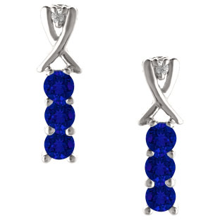 3 Stone Round Cut Blue Sapphire Gemstone Diamond Sterling Silver Earrings