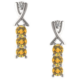 3 Stone Round Cut Citrine Gemstone Diamond White Gold Earrings
