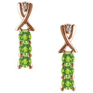 3 Stone Round Cut Peridot Gemstone Diamond Rose Gold Earrings
