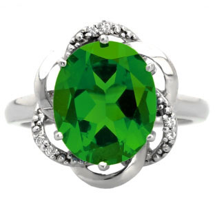 Bold Oval Cut Emerald Gemstone Diamond Sterling Silver Ring