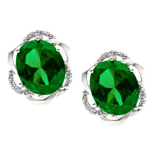 Bold Oval Cut Emerald Gemstone Diamond White Gold Earrings