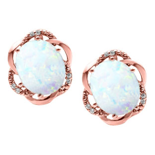 Bold Oval Cut Opal Gemstone Diamond Rose Gold Earrings