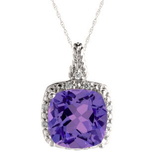Cushion Cut Amethyst February Gemstone White Gold Diamond Braided Pendant