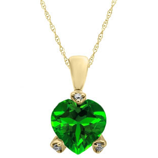 Simple Heart Shaped Emerald Gemstone Diamond Yellow Gold Pendant