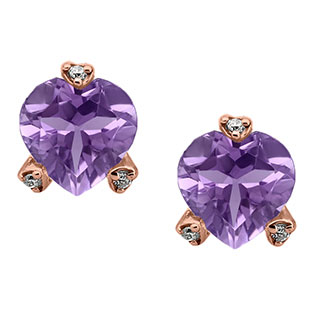 Simple Heart Shaped Amethyst Gemstone Diamond Rose Gold Earrings