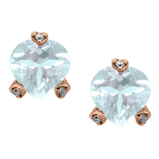 Simple Heart Shaped Aquamarine Gemstone Diamond Rose Gold Earrings