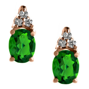 Petite Oval Cut Emerald Gemstone Diamond Rose Gold Stud Earrings