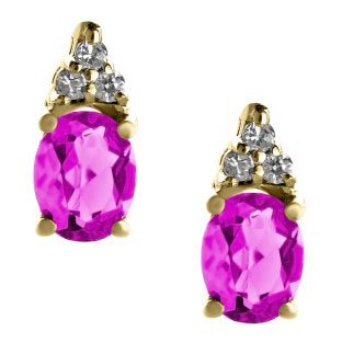 Petite Oval Cut Pink Sapphire Gemstone Diamond Yellow Gold Stud Earrings