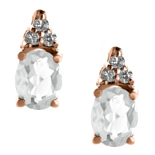 Petite Oval Cut White Topaz Gemstone Diamond Rose Gold Stud Earrings