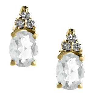 Petite Oval Cut White Topaz Gemstone Diamond Yellow Gold Stud Earrings