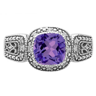 Cushion-Cut Amethyst White Gold Diamond Filigree Vintage Style Ring