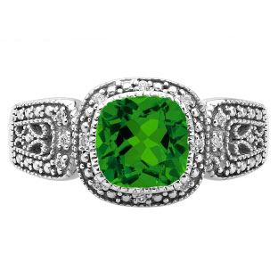 Cushion-Cut Emerald White Gold Diamond Filigree Vintage Style Ring