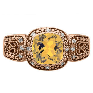 Cushion-Cut Citrine Rose Gold Diamond Filigree Vintage Style Ring