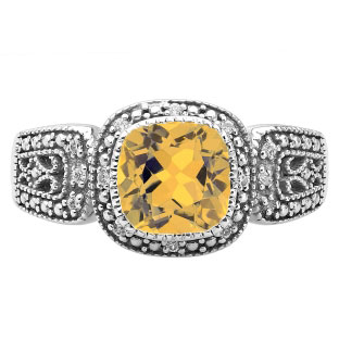 Cushion-Cut Citrine Sterling Silver Diamond Filigree Vintage Style Ring